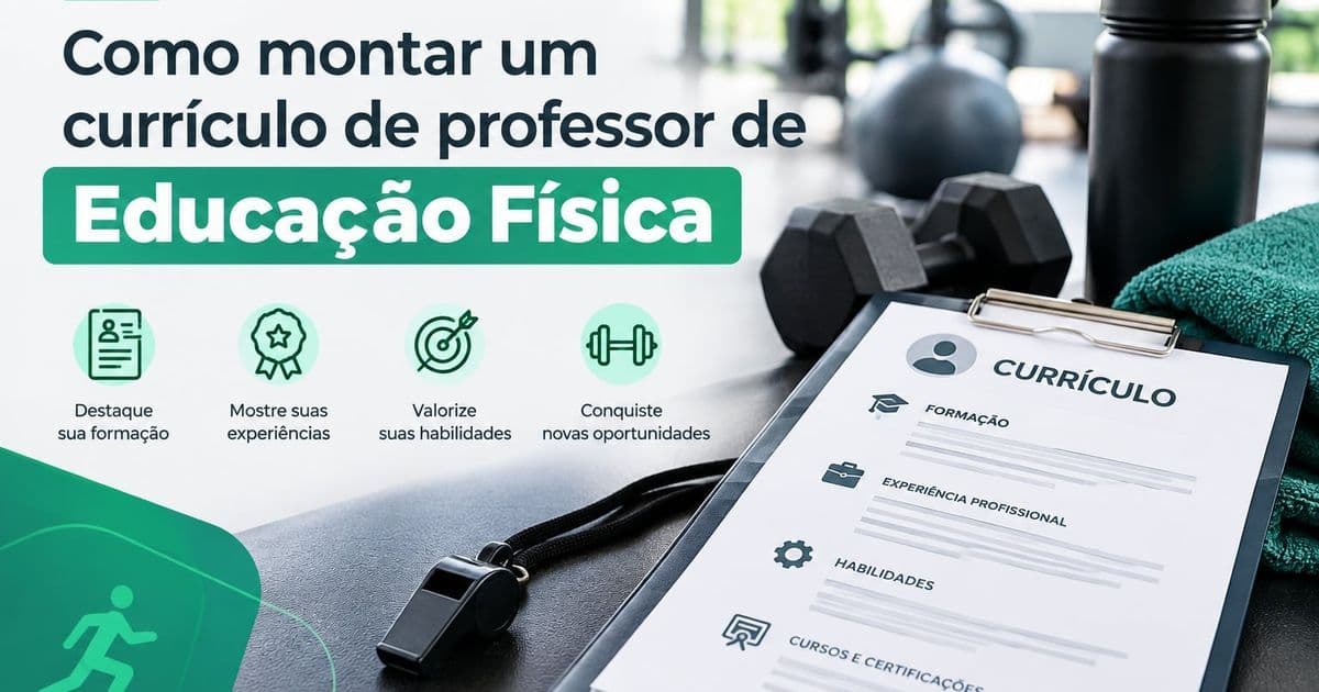 Prancheta com um currículo sobre um banco de academia, ao lado de apito, halteres, garrafa e toalha, com o título do artigo em destaque